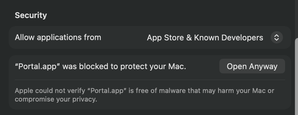 System Settings, Privacy & Security: Portal.app was blocked, with an Open Anyway button