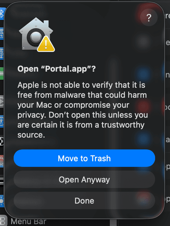 macOS dialog: Open Portal.app? with an Open Anyway option